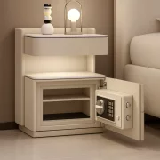 Mesita de noche inteligente con carga inalámbrica de 15W, iluminación LED con 3 colores, caja fuerte integrada y luz nocturna con sensor – color blanco