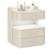 Mesita de noche inteligente con carga inalámbrica de 15W, iluminación LED con 3 colores, caja fuerte integrada y luz nocturna con sensor – color blanco