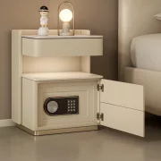 Mesita de noche inteligente con carga inalámbrica de 15W, iluminación LED con 3 colores, caja fuerte integrada y luz nocturna con sensor – color blanco