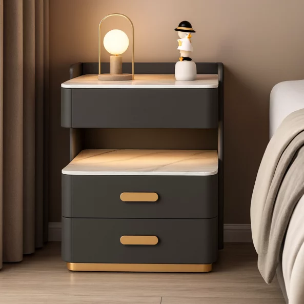 Intelligens éjjeliszekrény 15W vezeték nélküli töltéssel, 3 színű LED világítással, beépített széffel és érzékelős éjszakai fénnyel – antracitszürke szín
