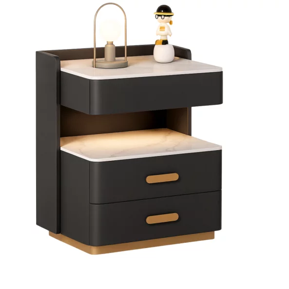 Intelligens éjjeliszekrény 15W vezeték nélküli töltéssel, 3 színű LED világítással, beépített széffel és érzékelős éjszakai fénnyel – antracitszürke szín