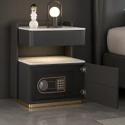 Intelligens éjjeliszekrény 15W vezeték nélküli töltéssel, 3 színű LED világítással, beépített széffel és érzékelős éjszakai fénnyel – antracitszürke szín