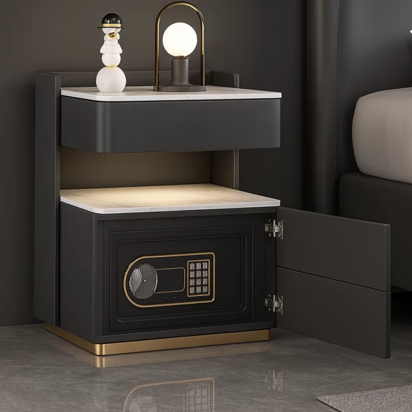 Intelligens éjjeliszekrény 15W vezeték nélküli töltéssel, 3 színű LED világítással, beépített széffel és érzékelős éjszakai fénnyel – antracitszürke szín