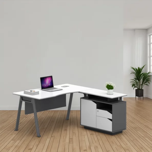 Masă birou pentru colț cu dulap lateral ,picioare metalice ,design modern și elegant ,calitate premium , dimensiuni 1600*800*750