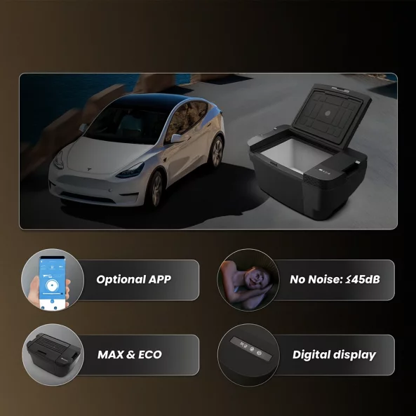 SMART COOLER TSL35 autós hűtőszekrény, 12/24V – Kifejezetten a Tesla Y modellhez tervezve, 35 literes űrtartalommal, kompresszorral, LCD kijelzővel