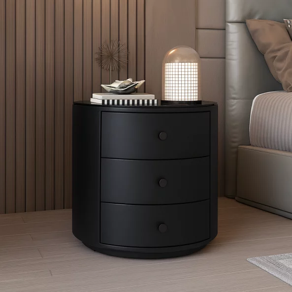 Модерно Многофункционално Нощно Шкафче с 15W Безжично Зареждане, LED Осветление с 3 Цвята и 3 Чекмеджета за Съхранение – ЧЕРЕН