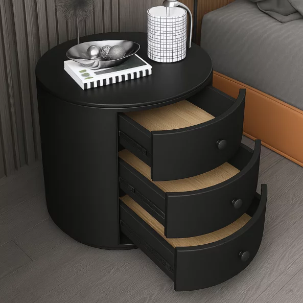 Модерно Многофункционално Нощно Шкафче с 15W Безжично Зареждане, LED Осветление с 3 Цвята и 3 Чекмеджета за Съхранение – ЧЕРЕН