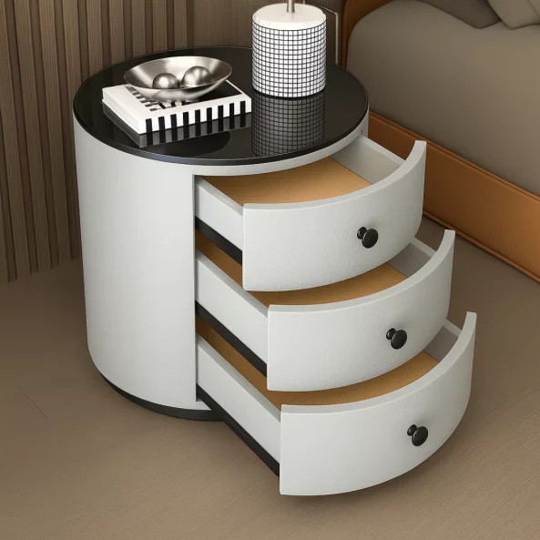 Модерно Многофункционално Нощно Шкафче с 15W Безжично Зареждане, LED Осветление с 3 Цвята и 3 Чекмеджета за Съхранение – СВЕТЛОСИВ