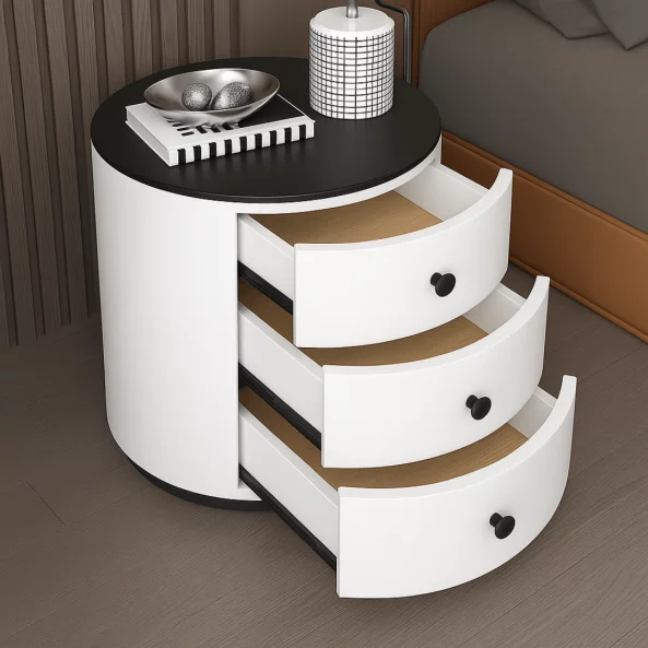 Modern Multifunkcionális Éjjeliszekrény 15W Vezeték Nélküli Töltéssel, 3 Színű LED Világítással és 3 Tárolófiókkal – FEHÉR