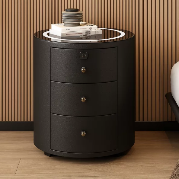 Модерно мултифункционално нощно шкафче с безжично зареждане, RGB LED и заключване с пръстов отпечатък – ЧЕРНО