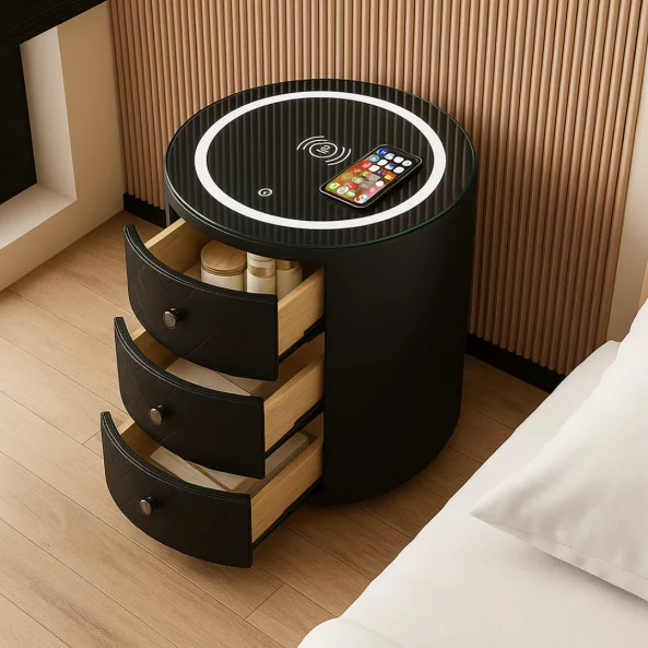 Модерно мултифункционално нощно шкафче с безжично зареждане, RGB LED и заключване с пръстов отпечатък – ЧЕРНО
