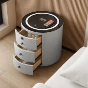 Модерно мултифункционално нощно шкафче с безжично зареждане, RGB LED и заключване с пръстов отпечатък – СВЕТЛОСИВО