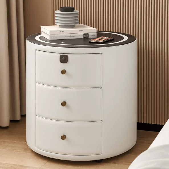 Модерно мултифункционално нощно шкафче с безжично зареждане, RGB LED и заключване с пръстов отпечатък – БЯЛО