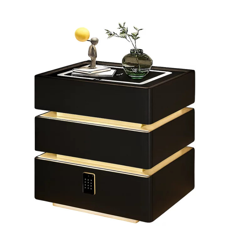 Noptieră inteligentă cu funcții smart și design elegant-iluminare LED ,3 sertare,încărcare wireless 15W,cod lock-BLACK