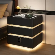 Интелигентно нощно шкафче с умни функции и елегантен дизайн – LED осветление, 3 чекмеджета, безжично зареждане 15W, кодово заключване – ЧЕРНО
