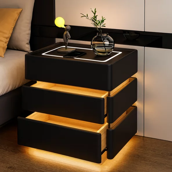 Модерно нощно шкафче с безжично зареждане 15W, LED осветление в 3 цвята и 3 чекмеджета за съхранение – ЧЕРНО