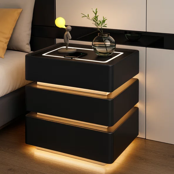 Модерно нощно шкафче с безжично зареждане 15W, LED осветление в 3 цвята и 3 чекмеджета за съхранение – ЧЕРНО