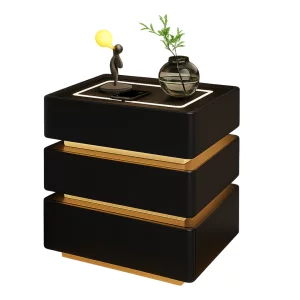 Модерно нощно шкафче с безжично зареждане 15W, LED осветление в 3 цвята и 3 чекмеджета за съхранение – ЧЕРНО