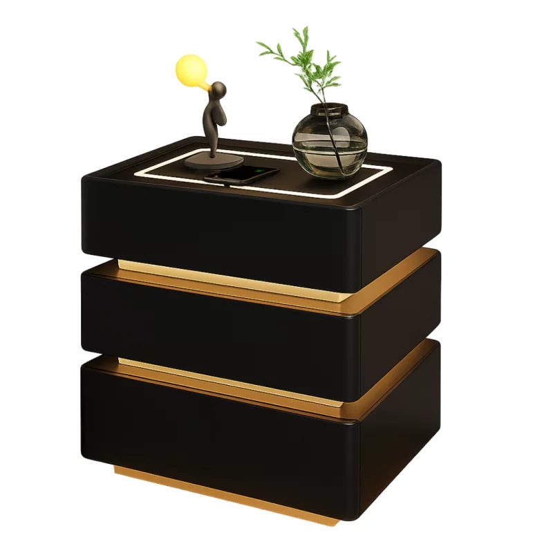 Noptieră modernă cu încărcare wireless 15W, iluminare LED în 3 culori și 3 sertare de depozitare – BLACK
