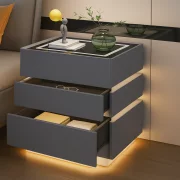Modern éjjeliszekrény 15W vezeték nélküli töltéssel, 3 színű LED-világítással és 3 tárolófiókkal – SÖTÉTSZÜRKE