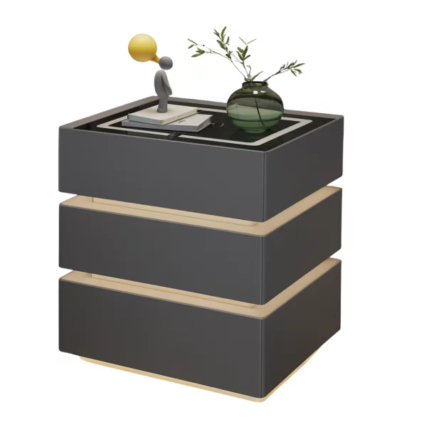 Modern éjjeliszekrény 15W vezeték nélküli töltéssel, 3 színű LED-világítással és 3 tárolófiókkal – SÖTÉTSZÜRKE