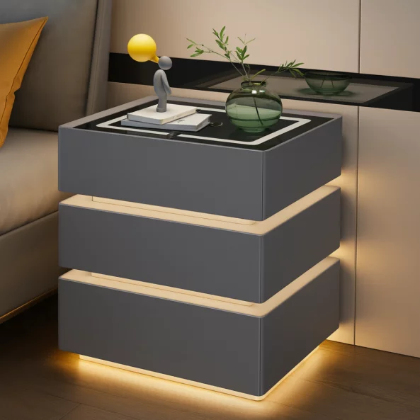 Modern éjjeliszekrény 15W vezeték nélküli töltéssel, 3 színű LED-világítással és 3 tárolófiókkal – SÖTÉTSZÜRKE