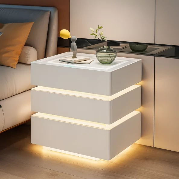 Модерно нощно шкафче с безжично зареждане 15W, LED осветление в 3 цвята и 3 чекмеджета за съхранение – БЯЛО
