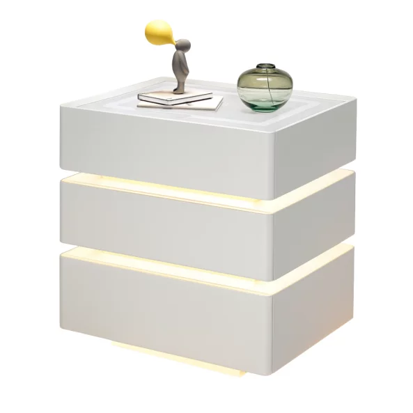 Модерно нощно шкафче с безжично зареждане 15W, LED осветление в 3 цвята и 3 чекмеджета за съхранение – БЯЛО