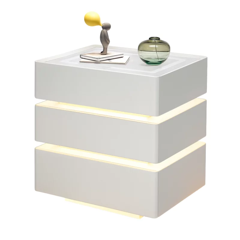 Noptieră modernă cu încărcare wireless 15W, iluminare LED în 3 culori și 3 sertare de depozitare – WHITE