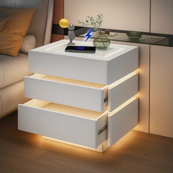 Модерно нощно шкафче с безжично зареждане 15W, LED осветление в 3 цвята и 3 чекмеджета за съхранение – БЯЛО