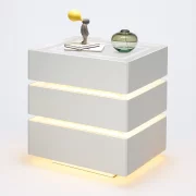 Модерно нощно шкафче с безжично зареждане 15W, LED осветление в 3 цвята и 3 чекмеджета за съхранение – БЯЛО