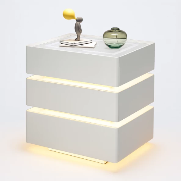 Модерно нощно шкафче с безжично зареждане 15W, LED осветление в 3 цвята и 3 чекмеджета за съхранение – БЯЛО