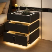 Интелигентно нощно шкафче с умни функции и елегантен дизайн – LED осветление, 3 чекмеджета, безжично зареждане 15W, кодово заключване – ЧЕРНО