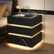 Интелигентно нощно шкафче с умни функции и елегантен дизайн – LED осветление, 3 чекмеджета, безжично зареждане 15W, кодово заключване – ЧЕРНО
