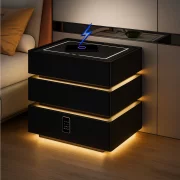 Интелигентно нощно шкафче с умни функции и елегантен дизайн – LED осветление, 3 чекмеджета, безжично зареждане 15W, кодово заключване – ЧЕРНО