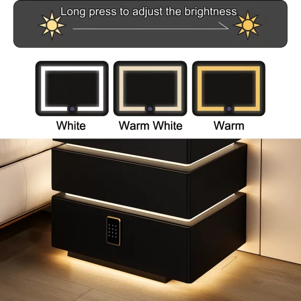 Интелигентно нощно шкафче с умни функции и елегантен дизайн – LED осветление, 3 чекмеджета, безжично зареждане 15W, кодово заключване – ЧЕРНО