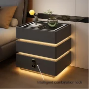 Интелигентно нощно шкафче с умни функции и елегантен дизайн – LED осветление, 3 чекмеджета, безжично зареждане 15W, кодов ключ – ТЪМНО СИВО