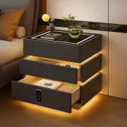 Интелигентно нощно шкафче с умни функции и елегантен дизайн – LED осветление, 3 чекмеджета, безжично зареждане 15W, кодов ключ – ТЪМНО СИВО