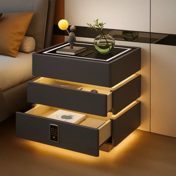 Интелигентно нощно шкафче с умни функции и елегантен дизайн – LED осветление, 3 чекмеджета, безжично зареждане 15W, кодов ключ – ТЪМНО СИВО