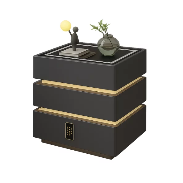 Интелигентно нощно шкафче с умни функции и елегантен дизайн – LED осветление, 3 чекмеджета, безжично зареждане 15W, кодов ключ – ТЪМНО СИВО