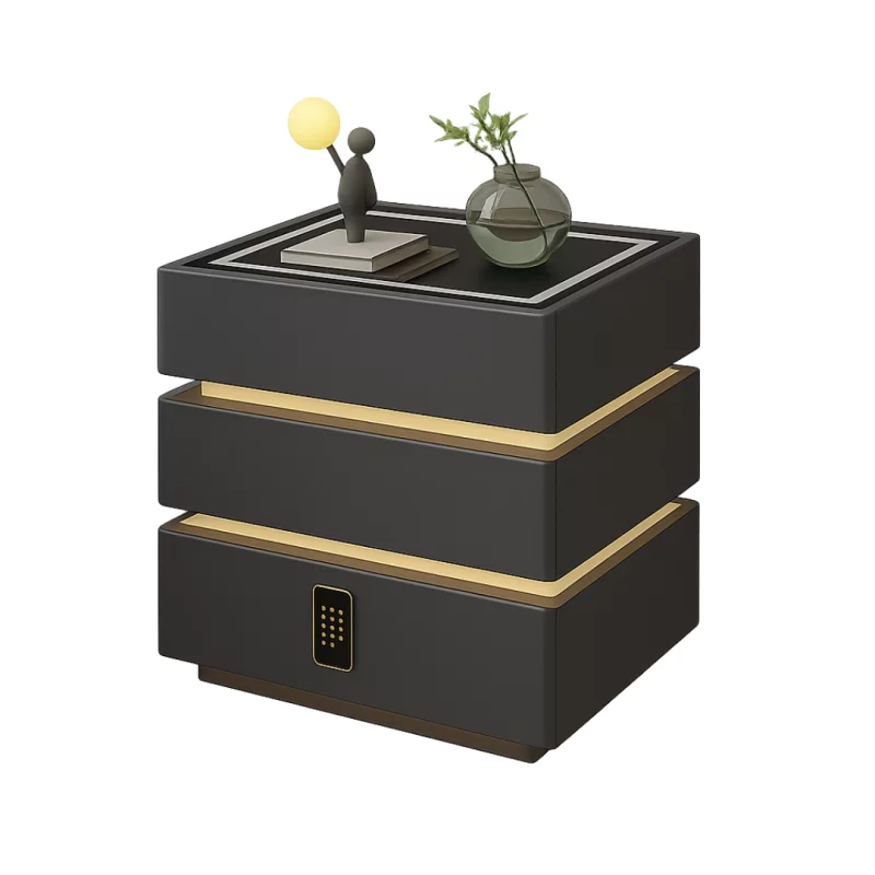Noptieră inteligentă cu funcții smart și design elegant-iluminare LED ,3 sertare,încărcare wireless 15W,cod lock-DARK GRAY