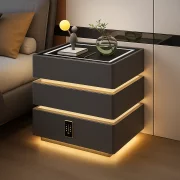 Интелигентно нощно шкафче с умни функции и елегантен дизайн – LED осветление, 3 чекмеджета, безжично зареждане 15W, кодов ключ – ТЪМНО СИВО