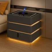 Интелигентно нощно шкафче с умни функции и елегантен дизайн – LED осветление, 3 чекмеджета, безжично зареждане 15W, кодов ключ – ТЪМНО СИВО