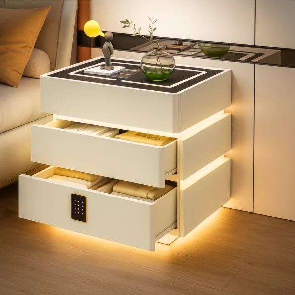 Интелигентно нощно шкафче с умни функции и елегантен дизайн – LED осветление, 3 чекмеджета, безжично зареждане 15W, кодово заключване – БЯЛО