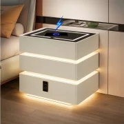 Интелигентно нощно шкафче с умни функции и елегантен дизайн – LED осветление, 3 чекмеджета, безжично зареждане 15W, кодово заключване – БЯЛО