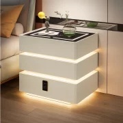 Интелигентно нощно шкафче с умни функции и елегантен дизайн – LED осветление, 3 чекмеджета, безжично зареждане 15W, кодово заключване – БЯЛО