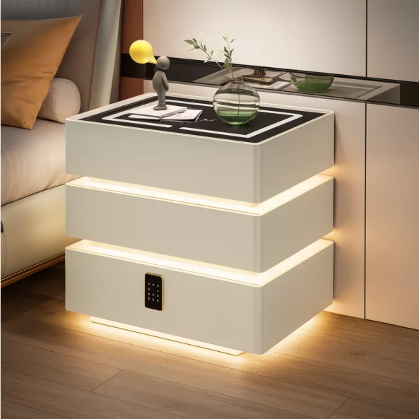 Интелигентно нощно шкафче с умни функции и елегантен дизайн – LED осветление, 3 чекмеджета, безжично зареждане 15W, кодово заключване – БЯЛО