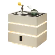 Интелигентно нощно шкафче с умни функции и елегантен дизайн – LED осветление, 3 чекмеджета, безжично зареждане 15W, кодово заключване – БЯЛО