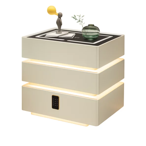 Интелигентно нощно шкафче с умни функции и елегантен дизайн – LED осветление, 3 чекмеджета, безжично зареждане 15W, кодово заключване – БЯЛО