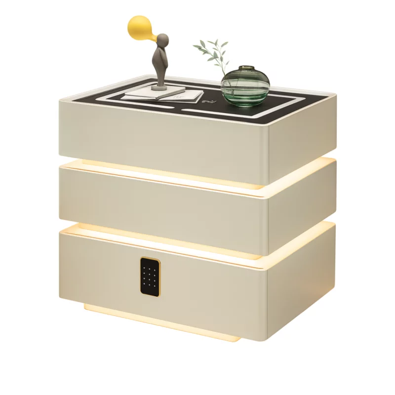 Noptieră inteligentă cu funcții smart și design elegant-iluminare LED ,3 sertare,încărcare wireless 15W,cod lock-WHITE